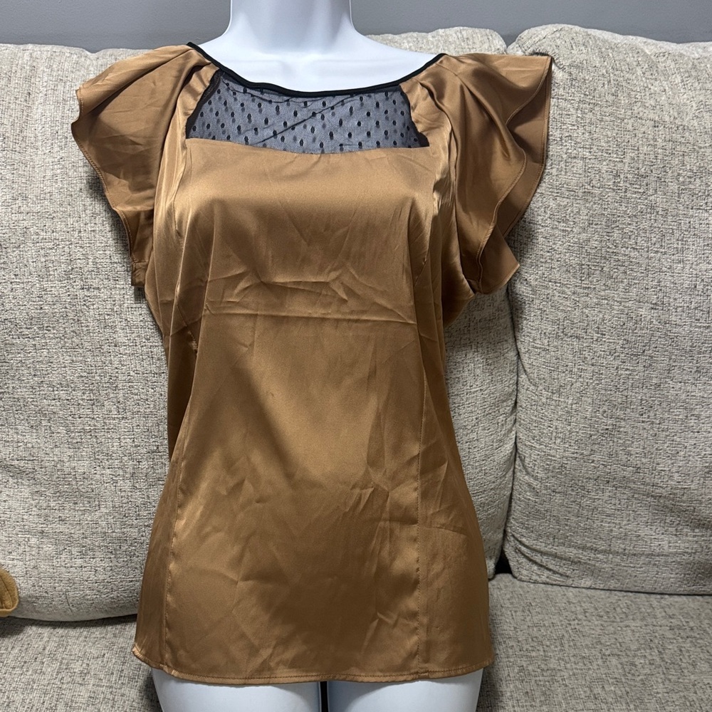 Express Bronze Satin Blouse with Black Mesh Yoke